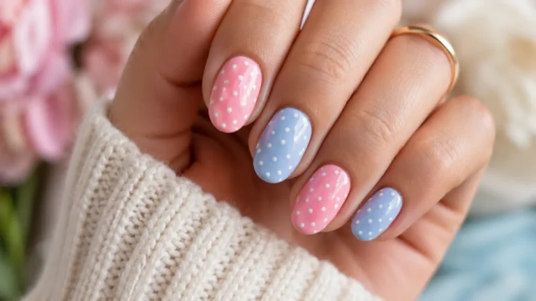 Ultra-realistic pink and blue polka dot nails with glossy gel polish on natural almond-shaped nails in a close-up macro beauty photograph.